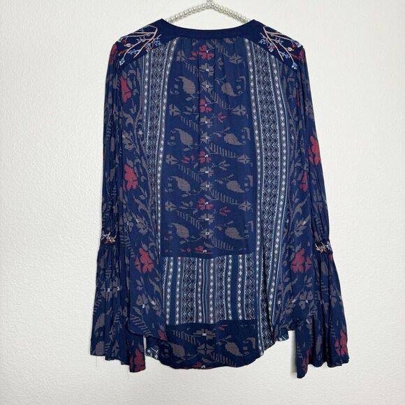 Lucky Brand Top Large Blue Square Stitch Print Embroidered V-Neck Boho Peasant - Picture 10 of 10